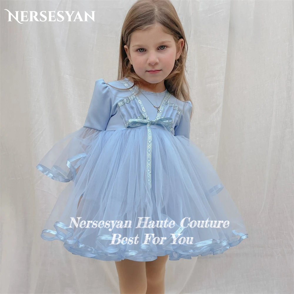 Nersesyan Sky Blue Flower Girl Dresses For Wedding A-Line Flare Sleeves Solid Birthday Party Gowns Children Dress Occasional