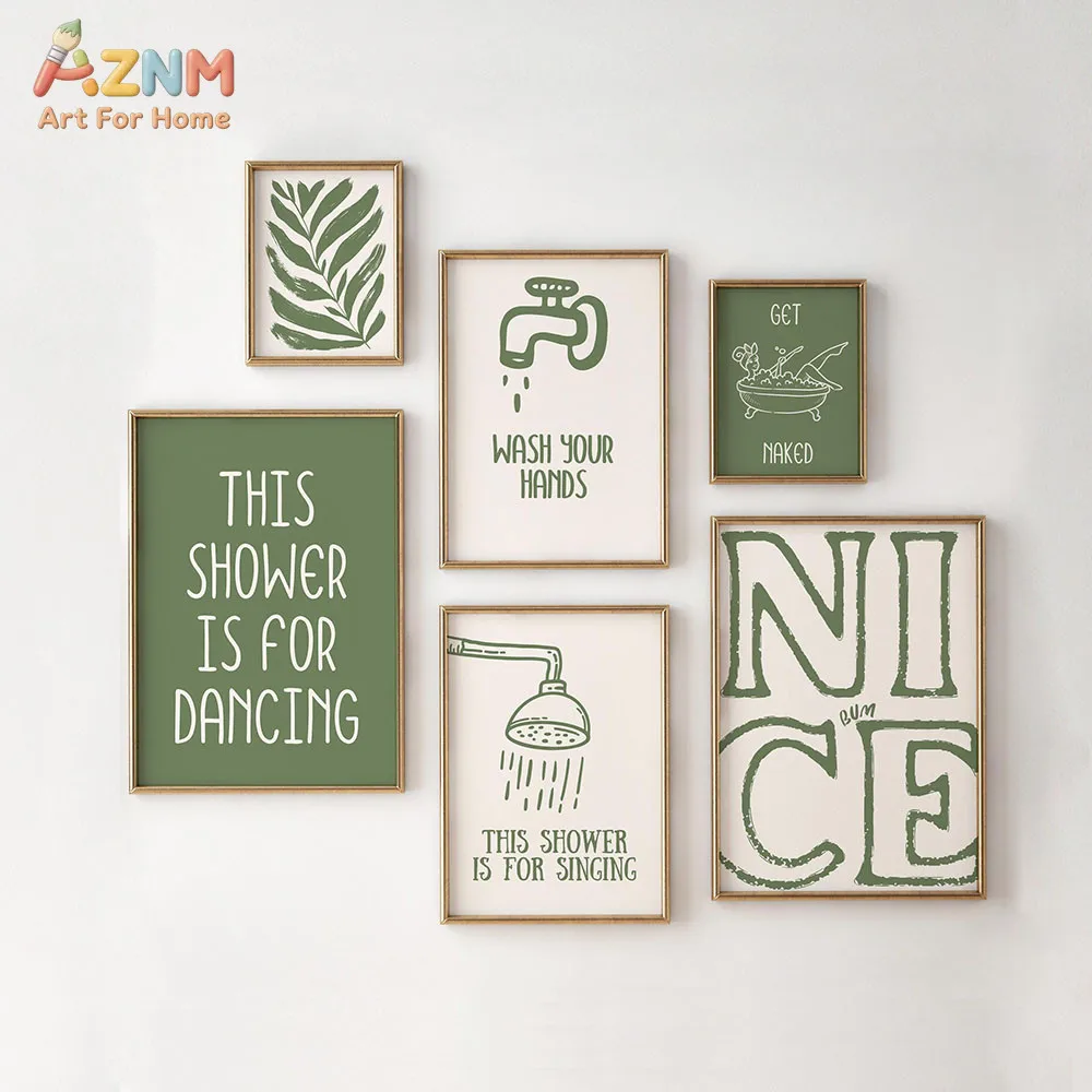 AZNM Sage Green Funny Bathroom Quote Canvas Wall Art Boho Tropical Leaf Bathtub Line Drawing Humorous Wash Hand Shower Phrase Pr