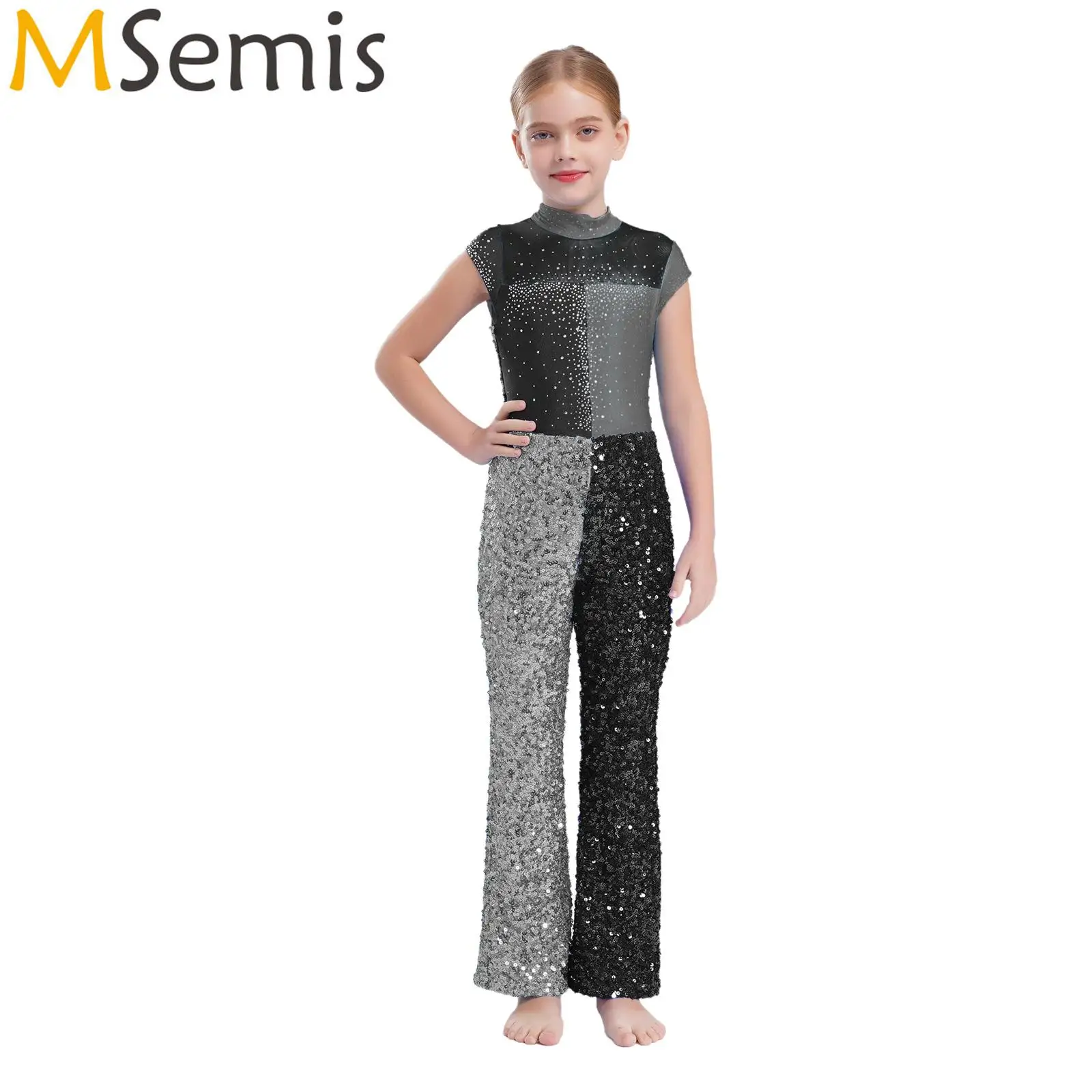 

Kids Girls Jazz Hip Hop Street Disco Dance Performance Costume Shiny Athletic Activewear Outfits Rhythmic Gymnastic Jumpsuit