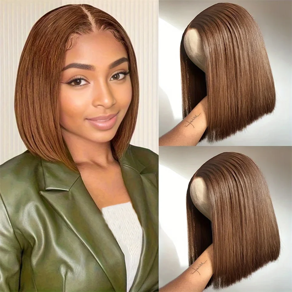 

Chocolate Brown 180% Density 13x4 Lace Frontal Straight Human Hair Short Bob Wig Lace Front Wig Brazilian Remy Bob Wig For Women