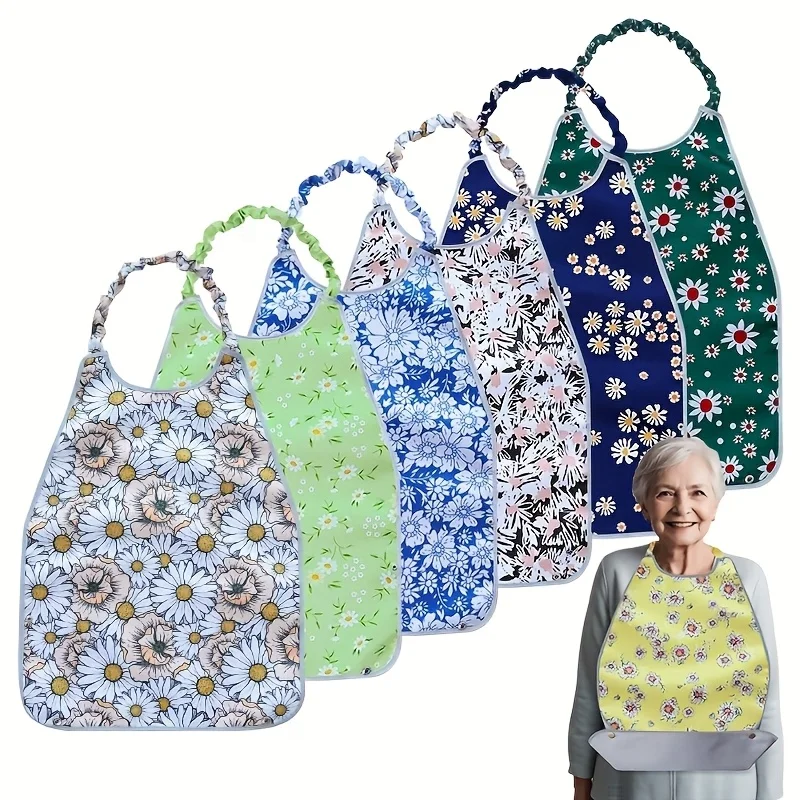 

1pc Elderly Adult Dining Bib with Foldable Pocket - Washable Polyester, Multiple Patterns & Colors, Durable & Easy-Clean Design