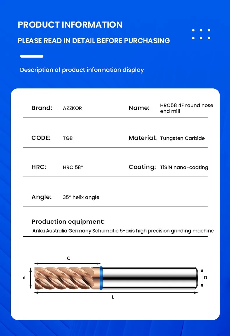 Azzkor 6f fräser farb ring beschichtung wolfram stahl karbid flach boden fräser für cnc mechanische werkzeuge TGB-HRC58 – Detail 15