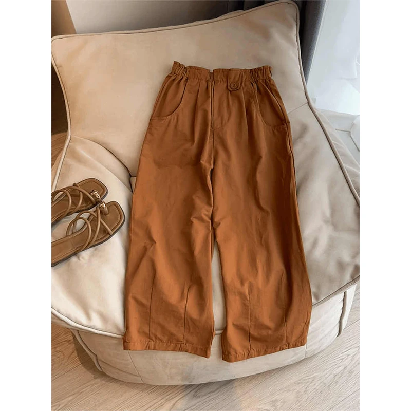 

Весенний сезон, женские свободные широкие брюки с эластичной резинкой на талии, повседневные прямые тонкие оранжевые корейские брюки Harlan Nine Points