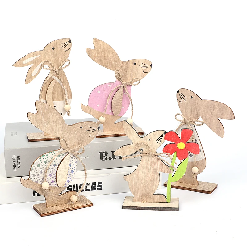 Happy Easter Wooden Rabbit Ornaments Cute Standing Bunny Diy Wood Crafts Home Office Bedside Table Decorations Easter Supplies