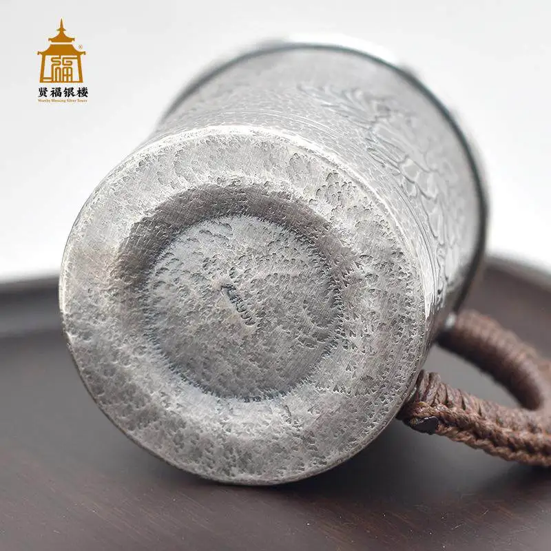 Suitable for silvercups foot silver999 hand engraved peonysilver watercup teacup office mugcoffee cupwhite winecup