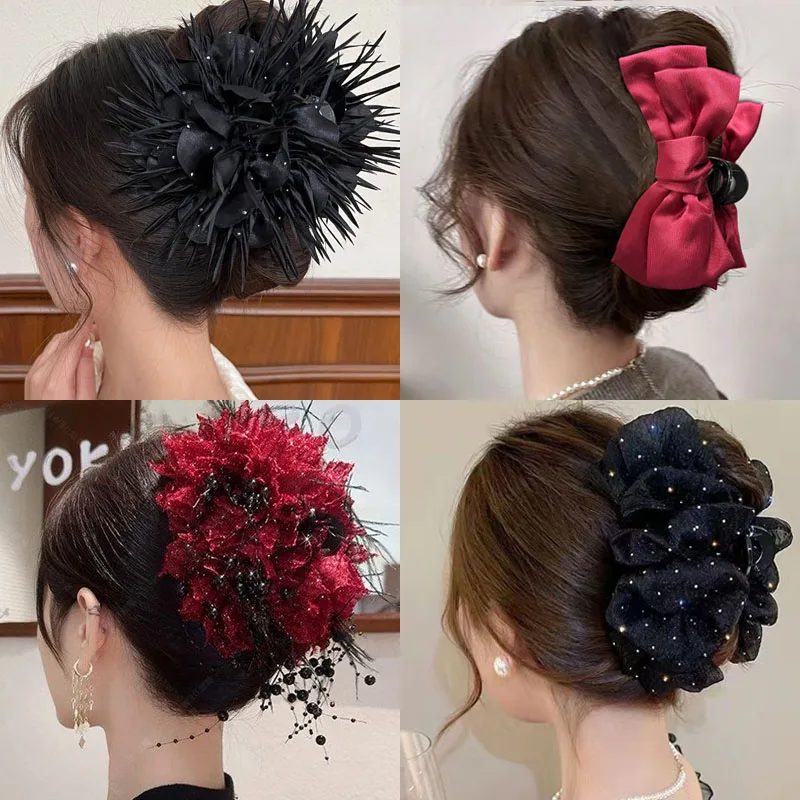 Vintage große Haarspangen mit Blumenmuster und Schleifen für Damen, Chiffon-Band-Haarklammern, Kristall-Haarnadeln, Party- und Hochzeits-Haaraccessoires