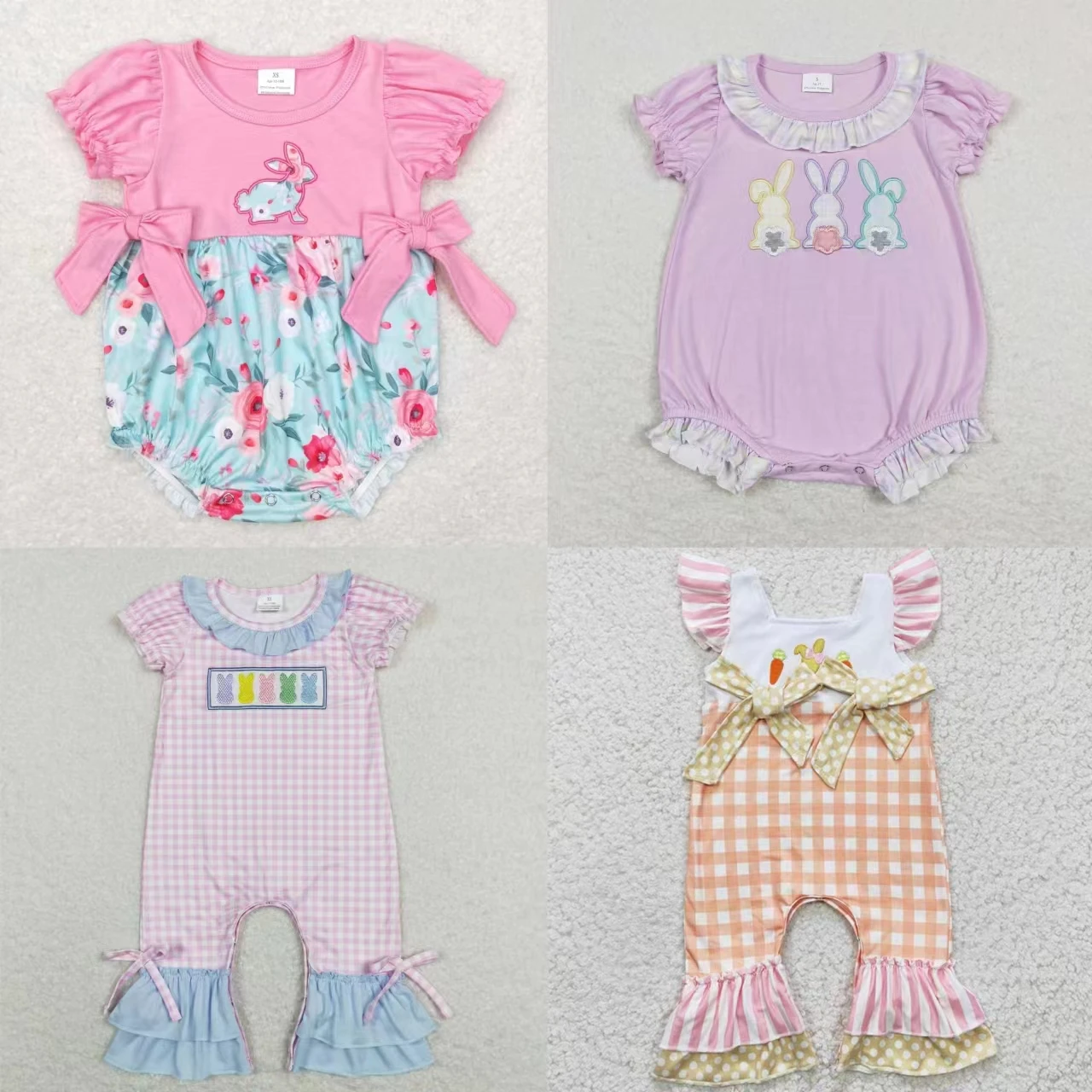 

Wholesale Newborn Baby Girl Easter Clothes Short Sleeves Embroidery Rabbit Ruffle Plaid Floral Romper Kids Toddler One-piece