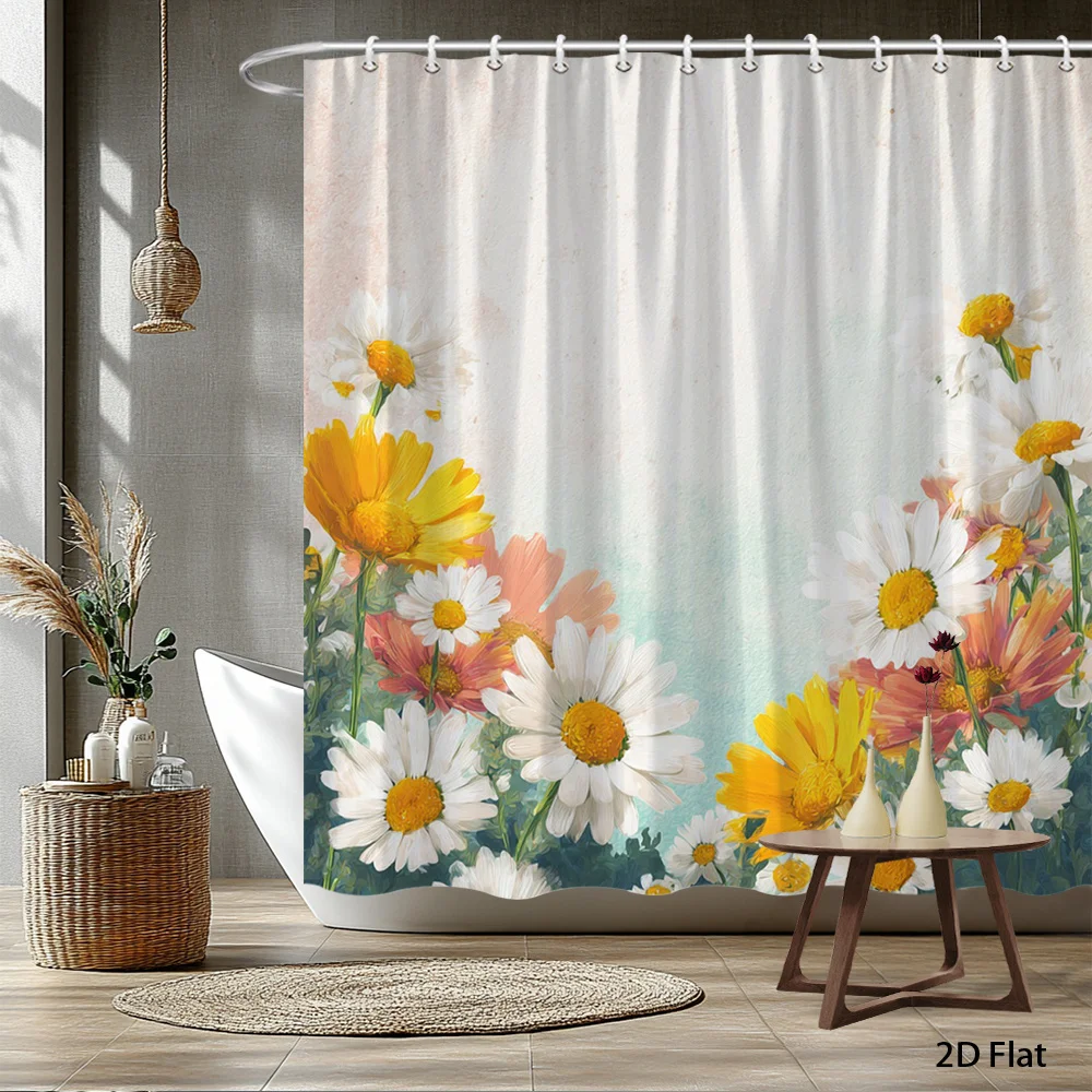 Waterproof Floral Shower Curtain Boho Daisy Sunflower Print Bathroom Decor Curtain 180x180cm Modern Home Shower Screen