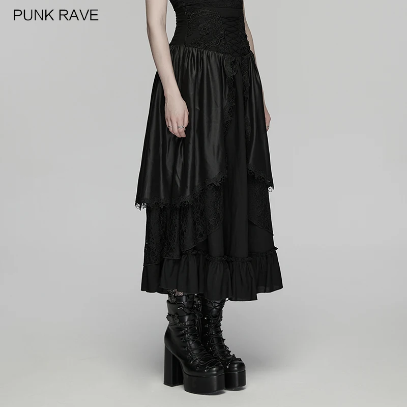 PUNK RAVE Women's Forest Gothic Linen Lace Chiffon 3d Folds Visual Multi Layered Artistic Charm Skirt Party Club Long Skirts