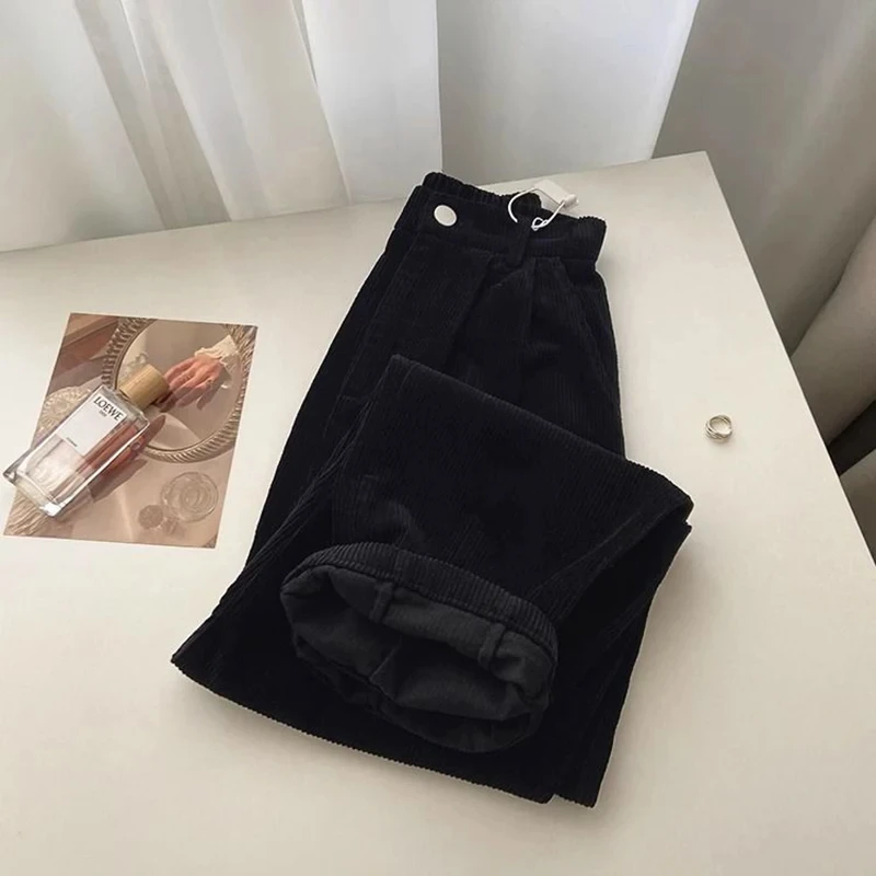 Women Korean Fashion Spring Fall Retro Straight High Waist Corduroy Pants Causal Full Length Trousers All Match Office Lady Pant