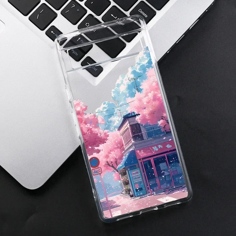 Japan Anime Street View Landscape Phone Case For Google Pixel 8A 8 7 Pro 6A 9 Pro  Scenery Pattern Transparent Soft Back Covers