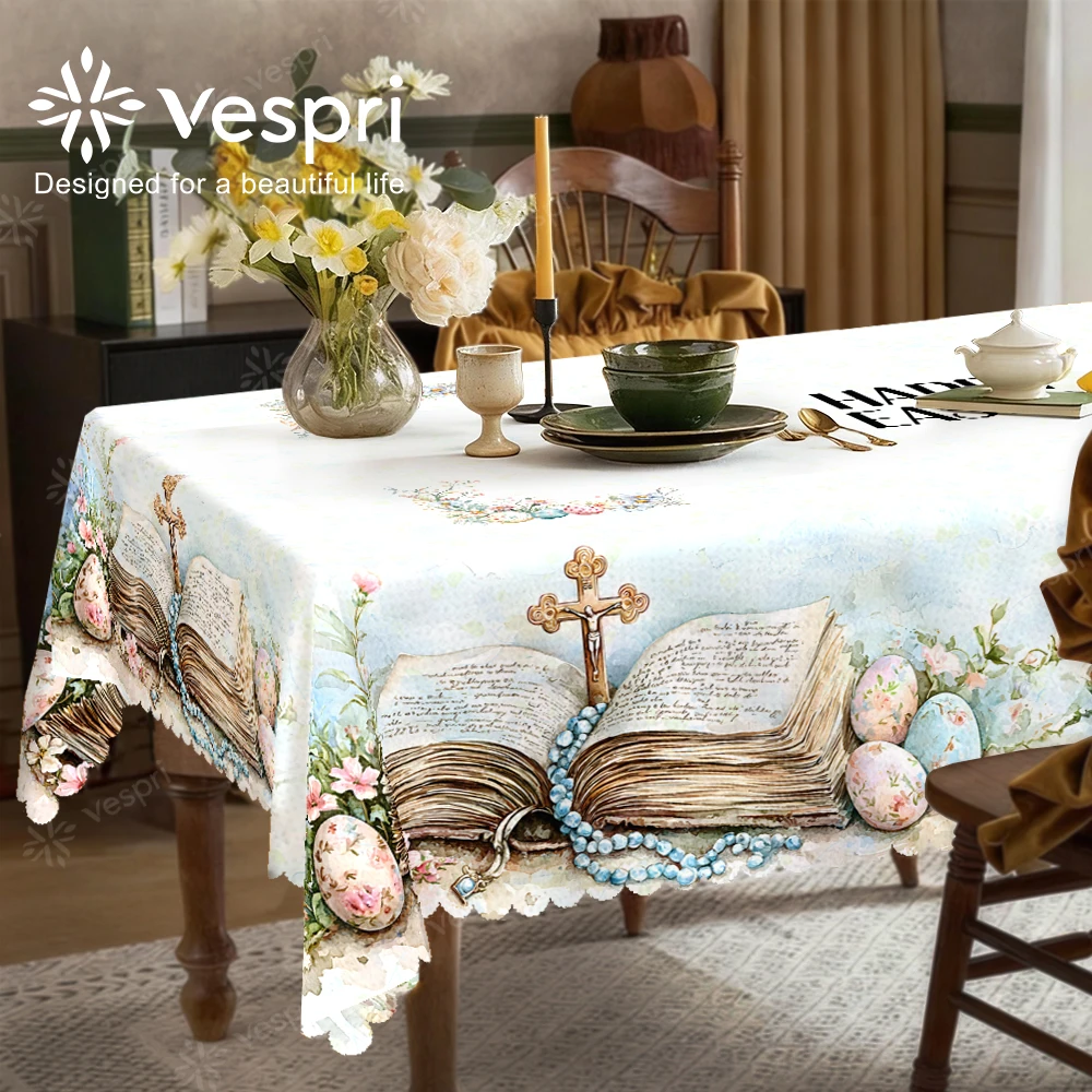 Vespri Easter Tablecloth White Blue Cross Egg Round Rectangle Oval Polyester Decor for Parties