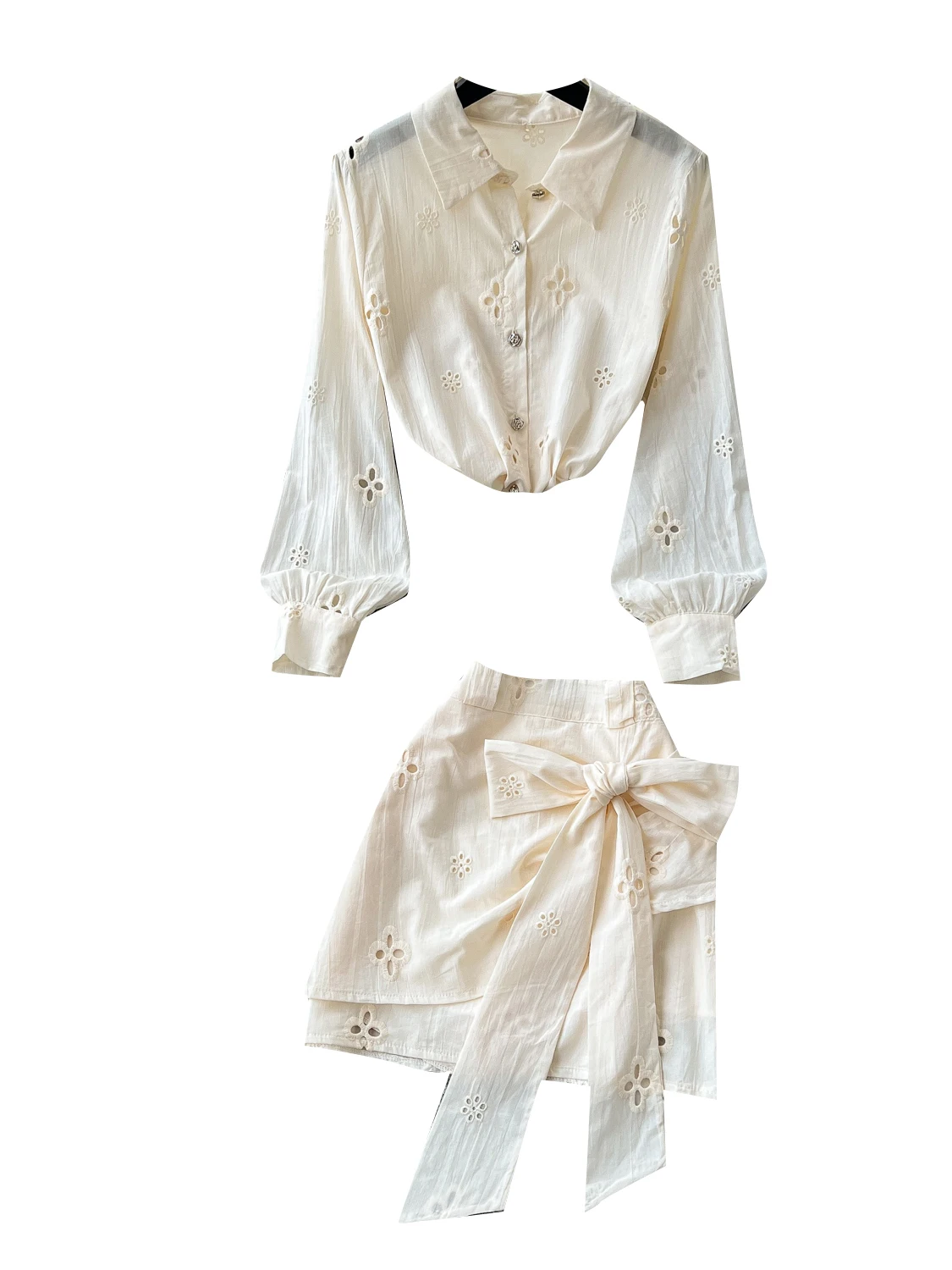 

Комплект юбки Vaion Sle Long Sve с вышивкой и высокой талией, женский комплект с воротником-бабочкой и полым дизайном