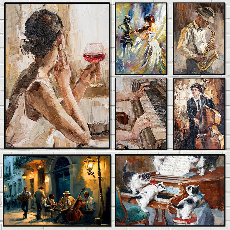 Music Jazz Saxophone Violin Cello Guitar Piano Vintage Art Posters Canvas Oil Painting Wall Prints Pictures for Room Home Decor