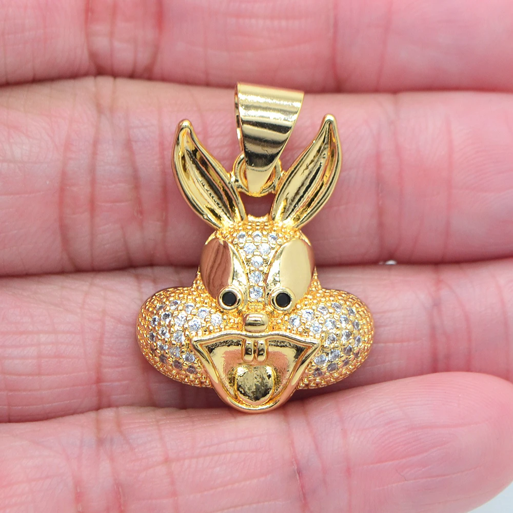 High Quality Gold Color Clear Cubic Zirconia Hip Hop Bling Rabbit Head Pendant Jewelry