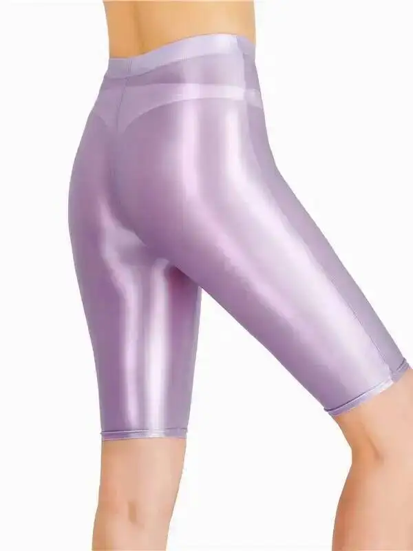 New Oil Glossy Mesh Seven Points Shorts Sexy Yoga Pants High Elasticity Perspective Korean Style Women Fashion Polychrome 4HOA