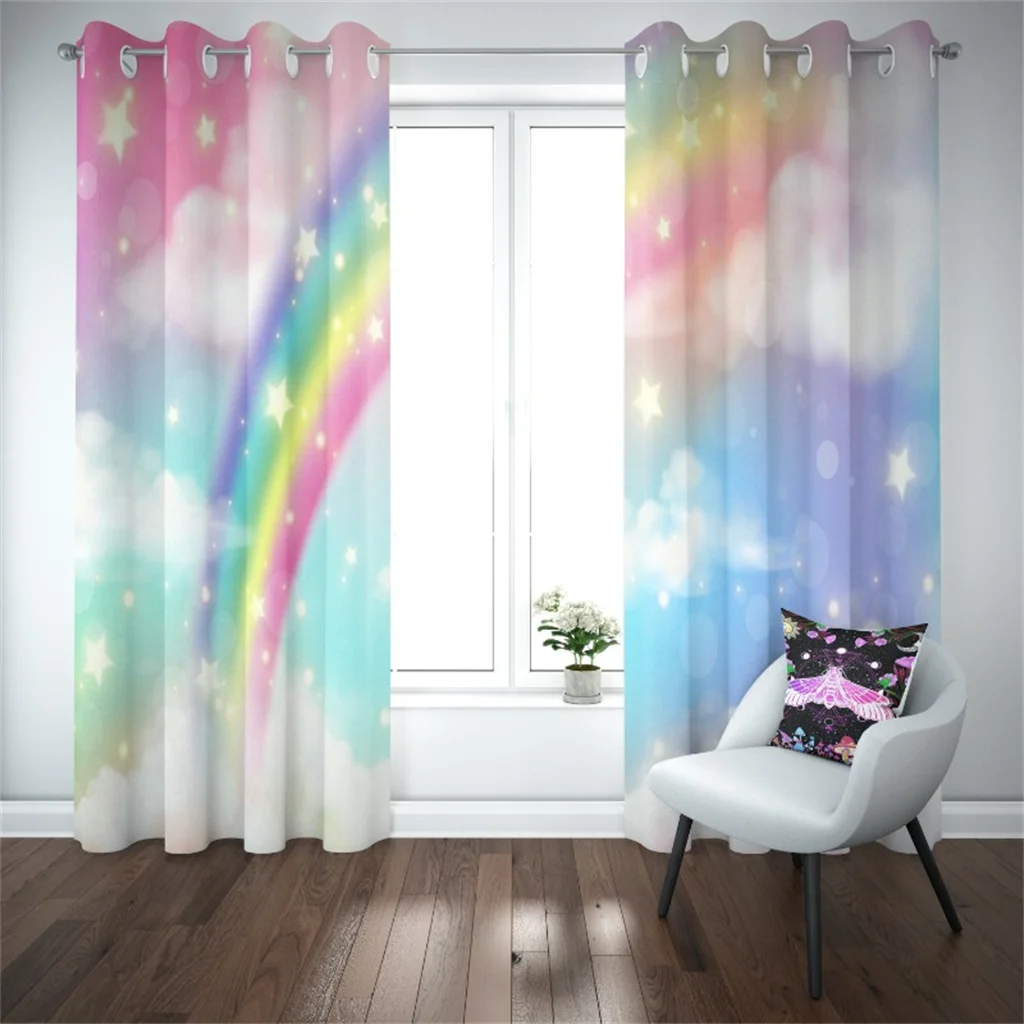 Rainbow Unicorn Curtains White Horse Stars Print Drapes Cute Kids Girls Room Bedroom Sweet Decor Curtains 2 Panels Set