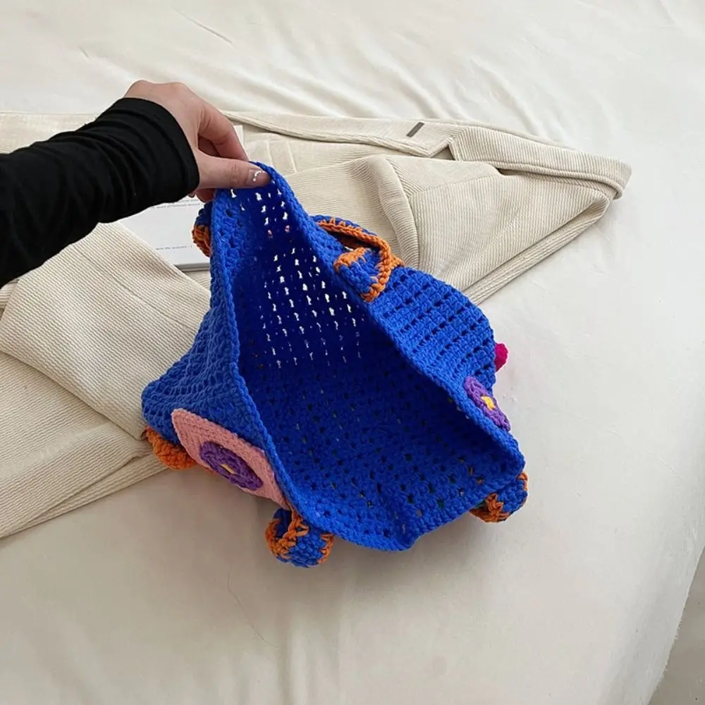 Trendy Flower Hand Knitted Tote Bag Large Capacity Hollowed Out Handbag Casual Shoulder Bag Reusable Shopping Bags Woven Handbag