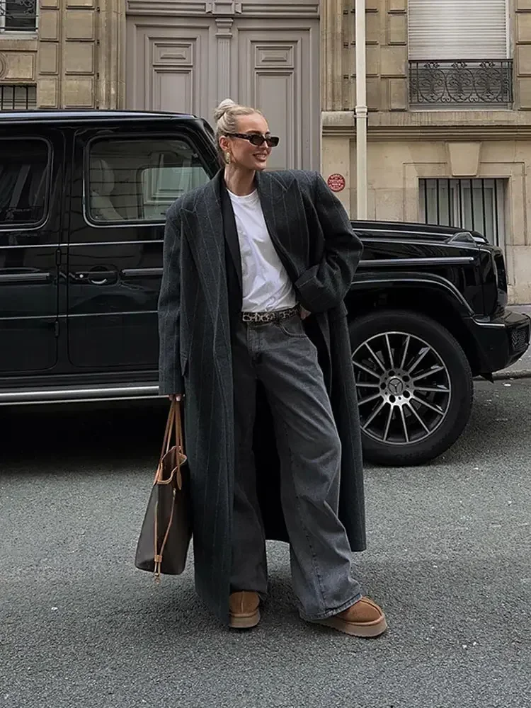 

Fashion Grey Stripe Women Woolen Overcoats Oversize Lapel Double Breasted Long Coat 2025 Autumn Winter Lady Commute Outerwears