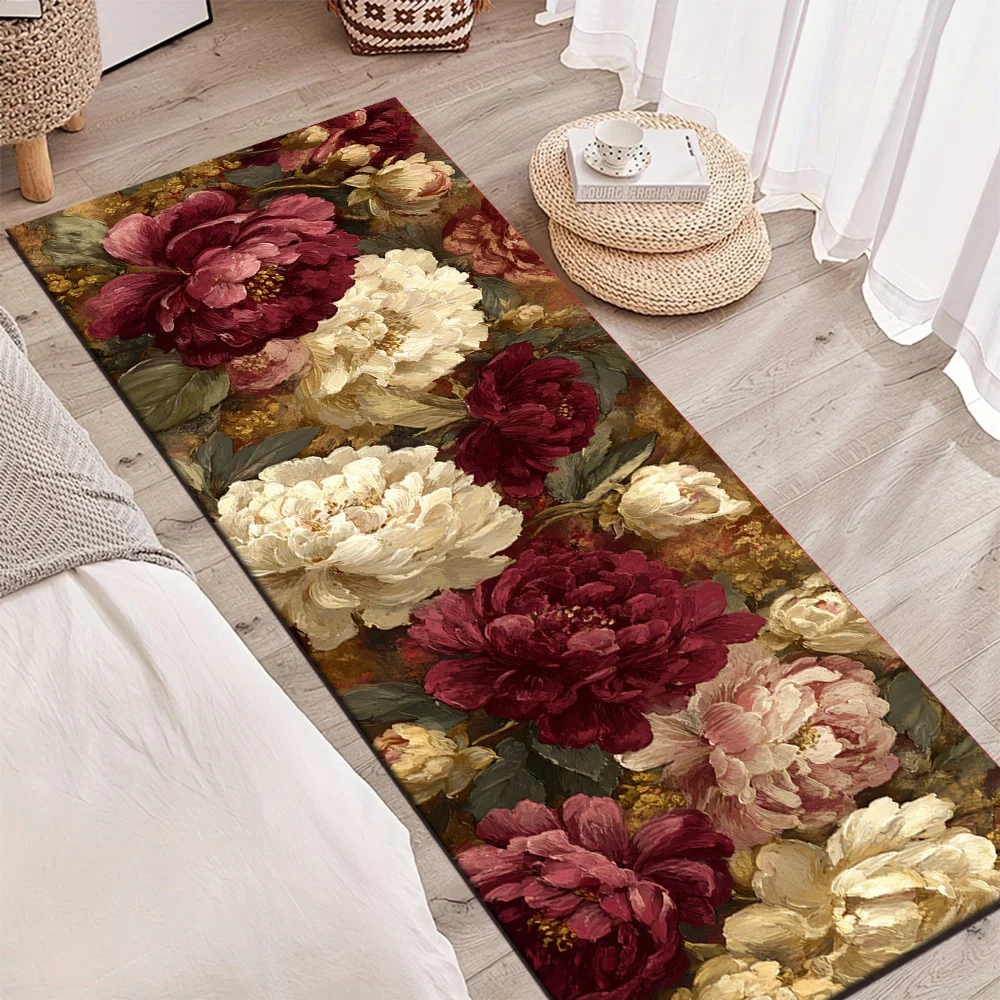 Vintage Oil Painting Burgundy White Peony Runner Rug,Non-Slip Washable Mat for Bedroom,Hallway & Elegant Retro Floral Home Decor