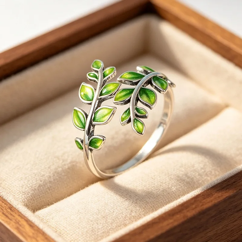 BF CLUB 925 Sterling Silber Ring für Damen, Schmuck, grüne Blattform, offener Vintage-Handarbeit-Ring, allergiefrei, für Party, Geburtstagsgeschenk – Detail 3