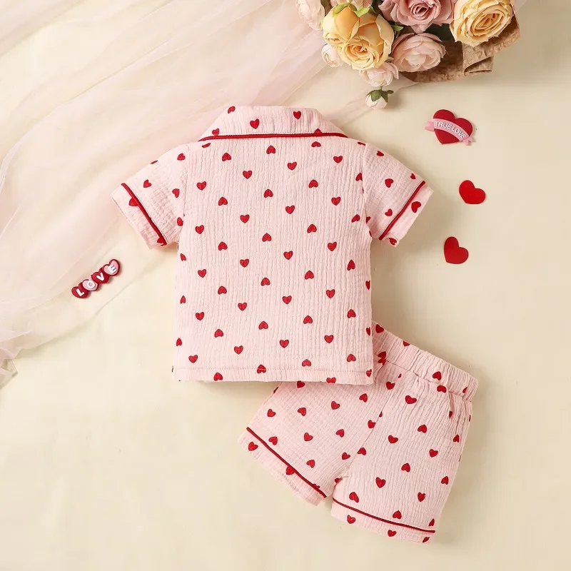 Summer Baby Boys Girls Pajama Set Cotton Linen Heart Printed Short Sleeve Cardigan Shorts 2PCS Pyjamas Set Kids Sleepwear  -Q..