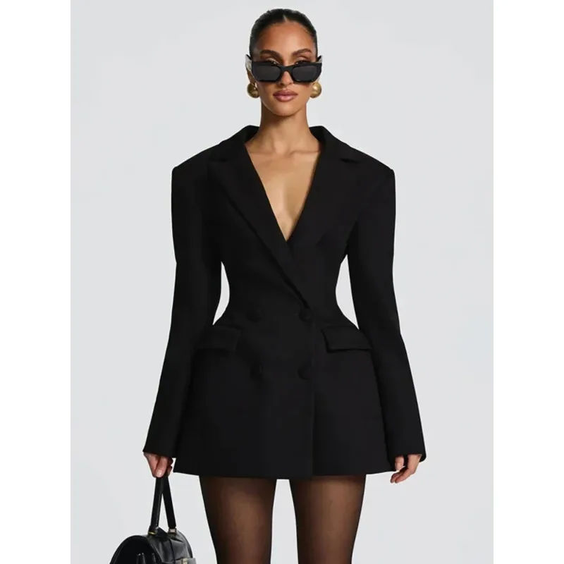 

Women Deep V Neck Long Sleeve Sexy Mini Blazer Dress Elegant Double-breasted High Waist Club Party Blazers Dress
