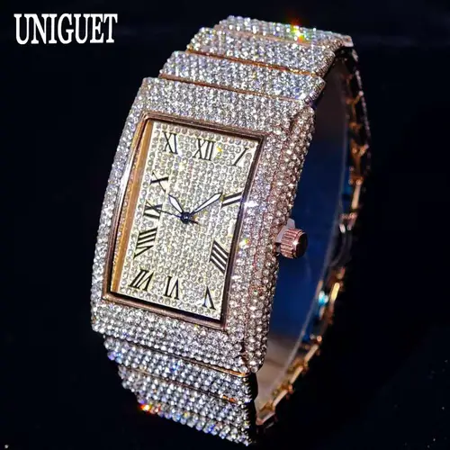 Imagen 2 del producto Reloj rosa de moda para hombre, reloj de pulsera rectangular de lujo de acero inoxidable callejero Hip Hop con diamantes de hielo para hombre con calendario Rlógios Masculino