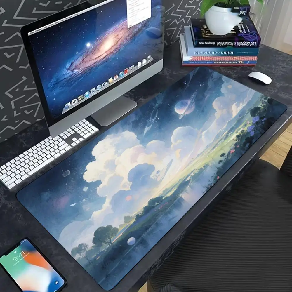 Dreamy Cloud Ocean Jellyfish Cherry Blossom Landscape Extended Desk Mat Stitched Edge Non‑Slip Rubber Base Keyboard Mat