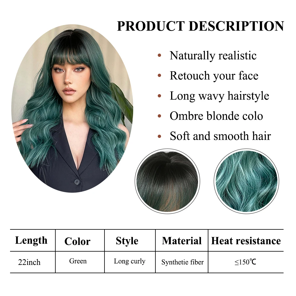 Long Curly Wavy Forest Green Synthetic Wigs with Bangs Cosplay for Women Afro Wave Deep Green Party Halloween Wig Heat Reisitant