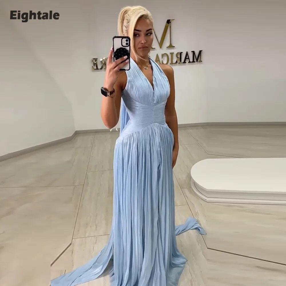 

Eightale арабское вечернее платье с лямкой на шее и складками из крепа по индивидуальному заказу длиной до пола, светло-голубое мусульманское платье трапециевидной формы для выпускного, свадебной вечеринки