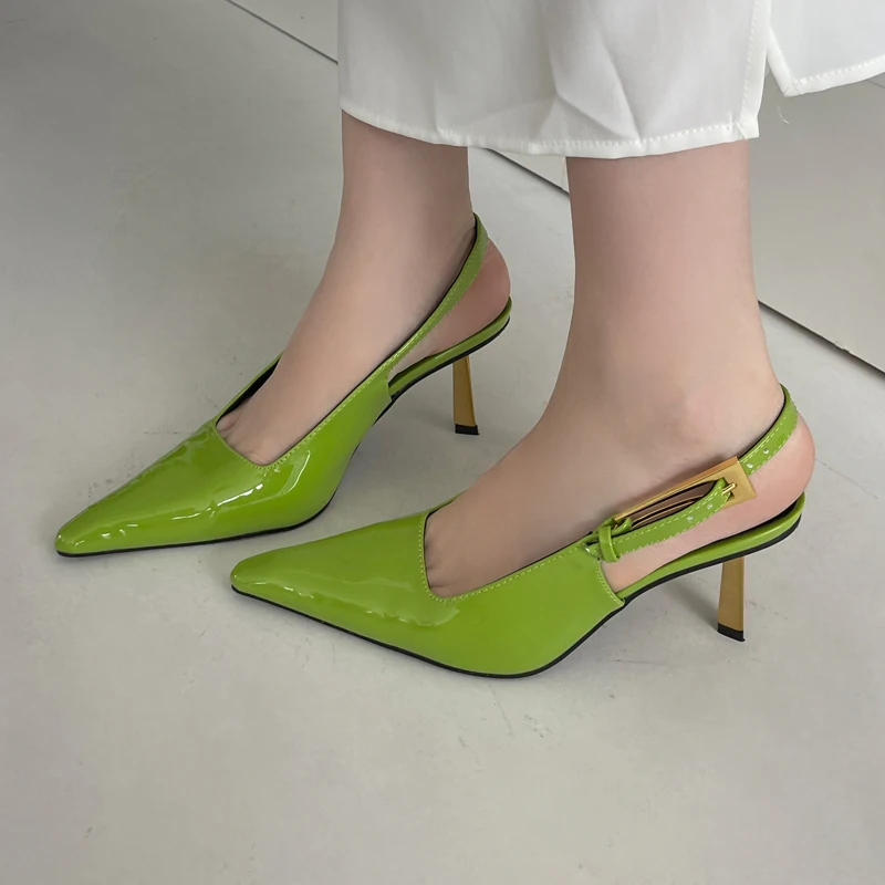 

Green High Heels Ladies Pointed Toe Slingback Shoes Women Gold Buckle Low Heel Shoes White Summer Office Pumps Zapatos Mujer