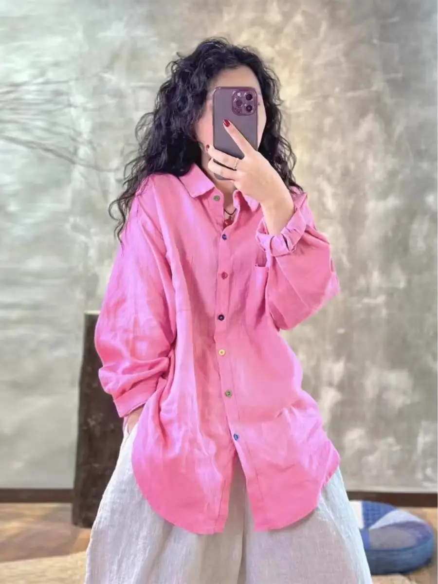 

Женский кардиган Ele Pink из хлопка и льна с длинными рукавами, весенний, винтажный, повседневный, свободного кроя, с воротником