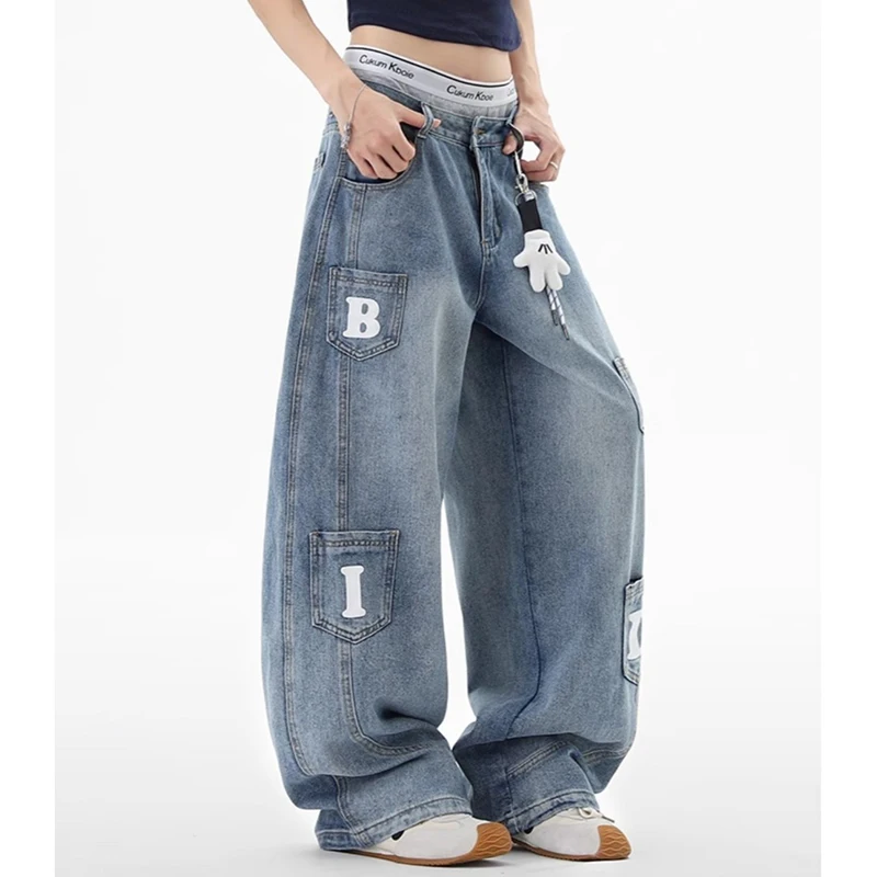 Unisex Fashion Trend Bending Knife Jeans Summer High Street Vintage Breathable Loose Casual Wide Leg Comfortable Denim Trousers