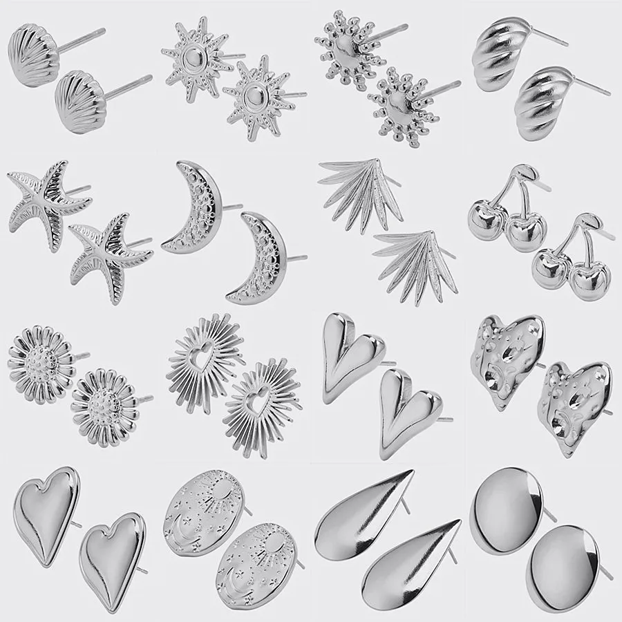 2/6pcs Fashion Earrings Steel Color Shell Sacred Heart Sun Ear Studs For Women Men Accessories Stainless Steel Jewelry Piercing