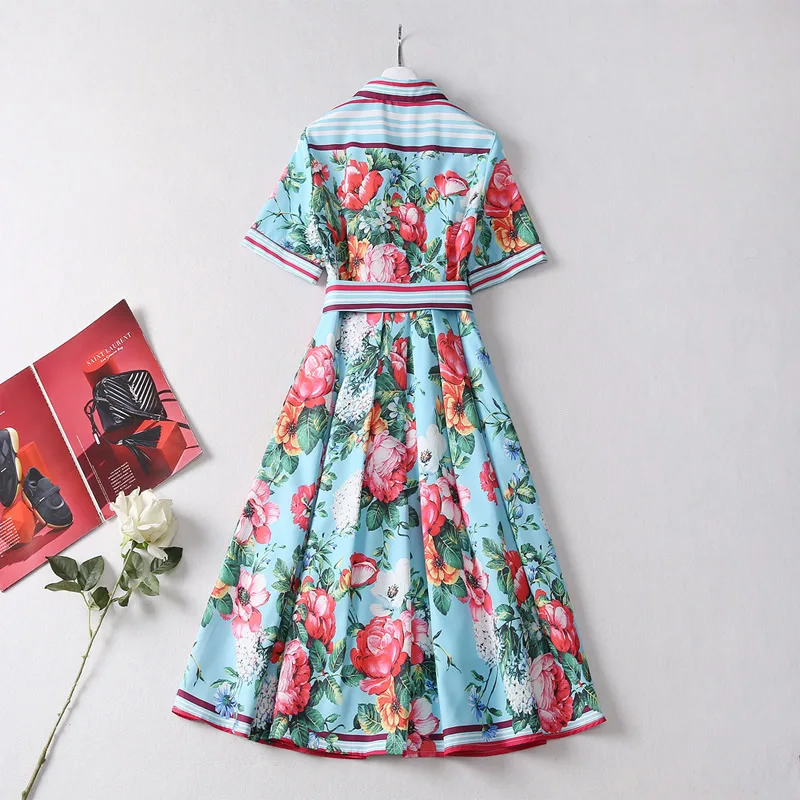 Vestido plissado de manga curta feminino, gola virada para baixo, vestidos estampados com flores verdes