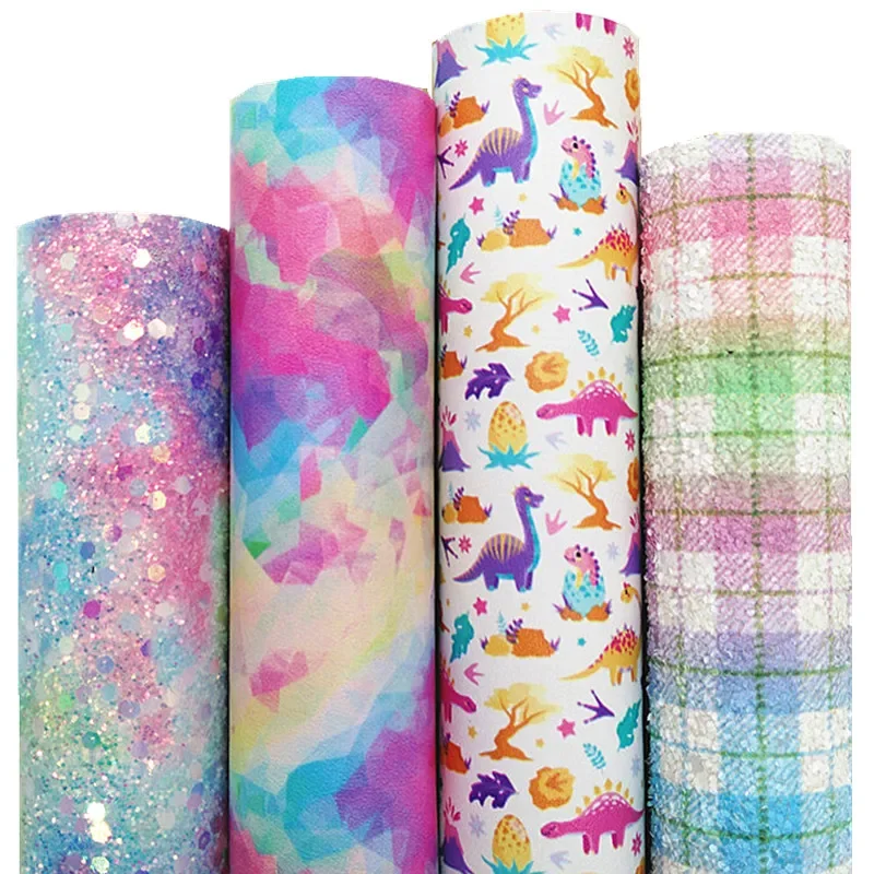 Mini Roll 30X134CM Rainbow Glitter Leather Fabric Tartans Printed Glitter Leather Tie-dye Lace Faux Leather For Bow DIY Q1152