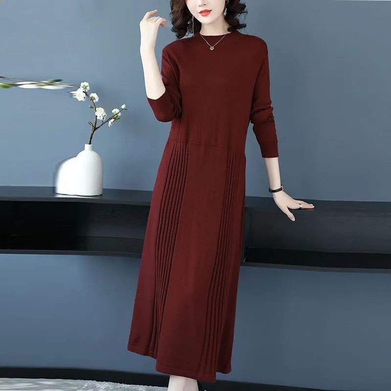 

Slim Solid Knitting Dresses For Women 2024 Autumn New Fashion Half High Collar Pullover Draped Office Lady Dress Female Vestidos