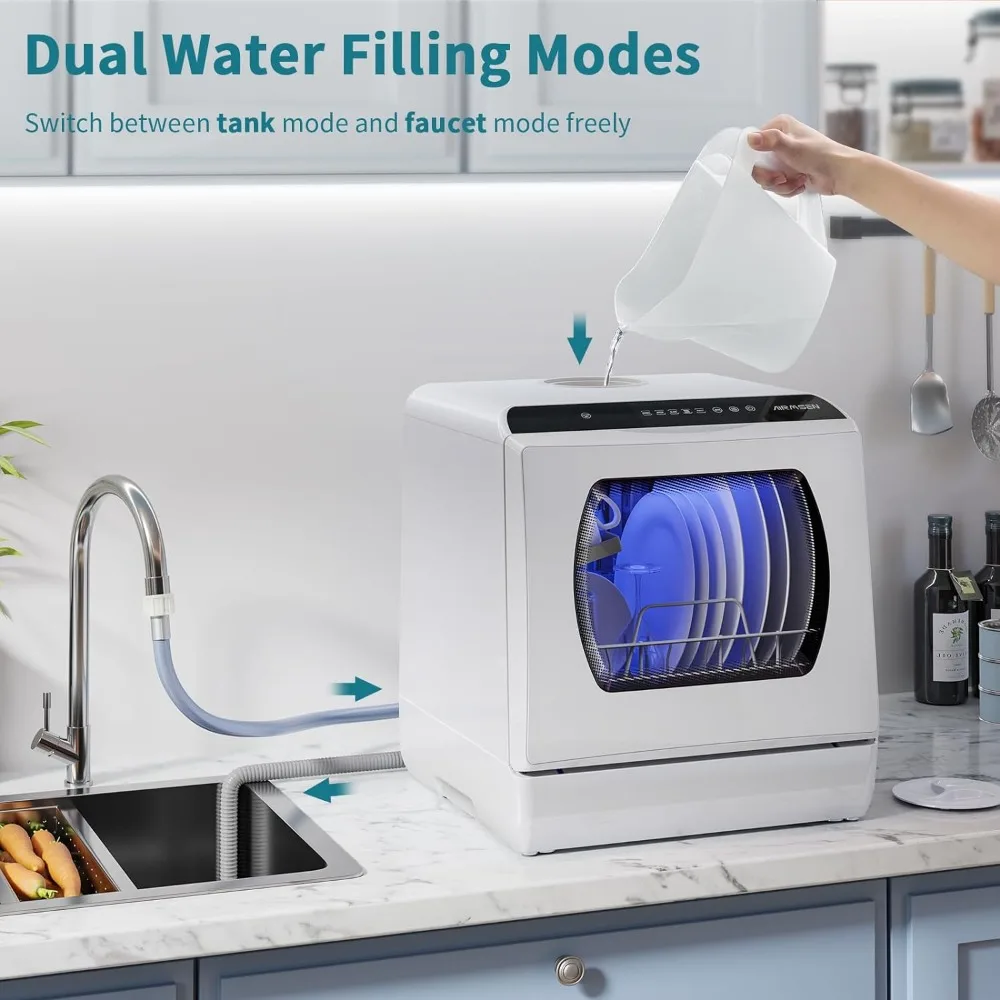 Tragbare Arbeits platten geschirrs püler, 5 Wasch programme Mini-Geschirrs püler mit 5 l eingebautem Wassertank und zwei schicht iger Glastür