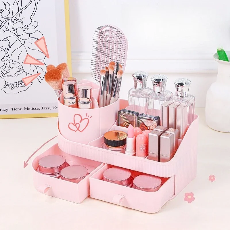 Multifunctional Rotating Desk Cosmetics Organizer with Large Drawer Storage 360° Spinning Shelve Large-capacity Storage for Home