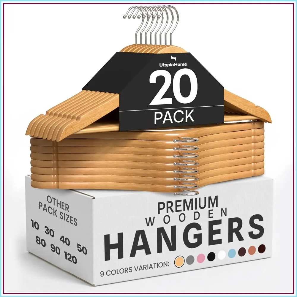 20 Pack Heavy Duty Wooden Hangers - 360° Rotating Hook, Non-Slip Notches for Shirts & Coats