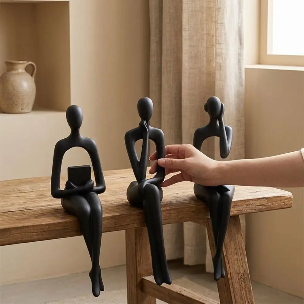 3Pcs Minimalist Abstract Sitting Human Sculpture Set 3D Printed Handmade Hollow Reading Thinking Figurine Long Leg Plastic
