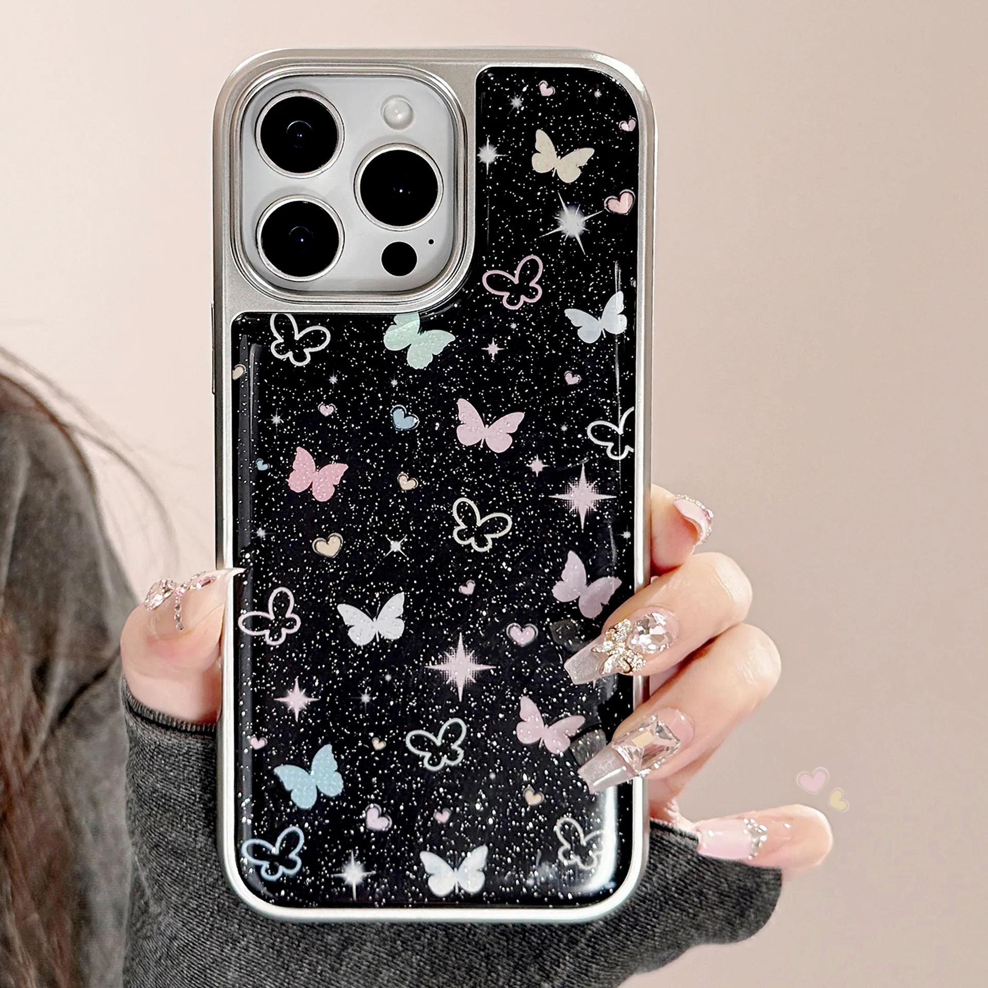 Coque de téléphone coréenne à plein écran avec bordure argentée et paillettes papillon, étui rigide antichoc pour iPhone 17 15 13 12 14 16 Pro Max