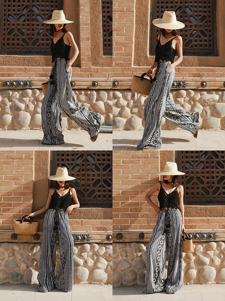 Characteristic Ethnic Style Black and White Striped Printed High Waist Wide Leg Pants Women's Vacation Thin Retro Trousers Y2k