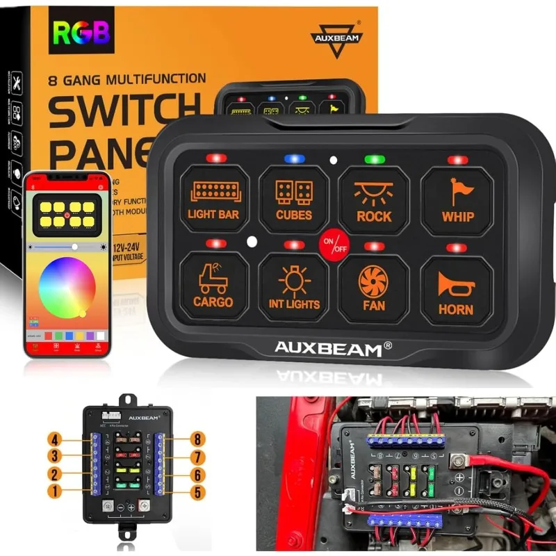 RGB Bluetooth 8 Gang Switch Panel AR-820 Toggle Momentary Pulsed Switch Pod for Truck UTV Offroad Boat Auxiliary LED