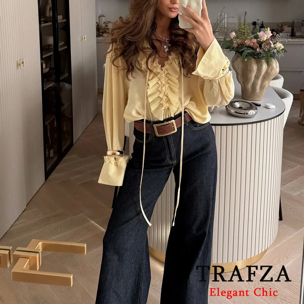 

TRAFZA Женская желтая рубашка с маслом, однотонная свободная рубашка на шнуровке с рюшами и v-образным вырезом, новинка 2025, весенняя модная праздничная рубашка для свиданий и вечеринки