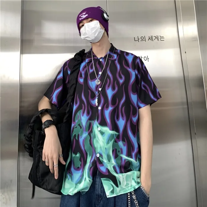 Y2K Chic Ins Fire Print Men Blouse Tops Summer Short Sleeve Sexy Shirts Dance Motor Biker Tops Male Lovers Allure Charm Blouse