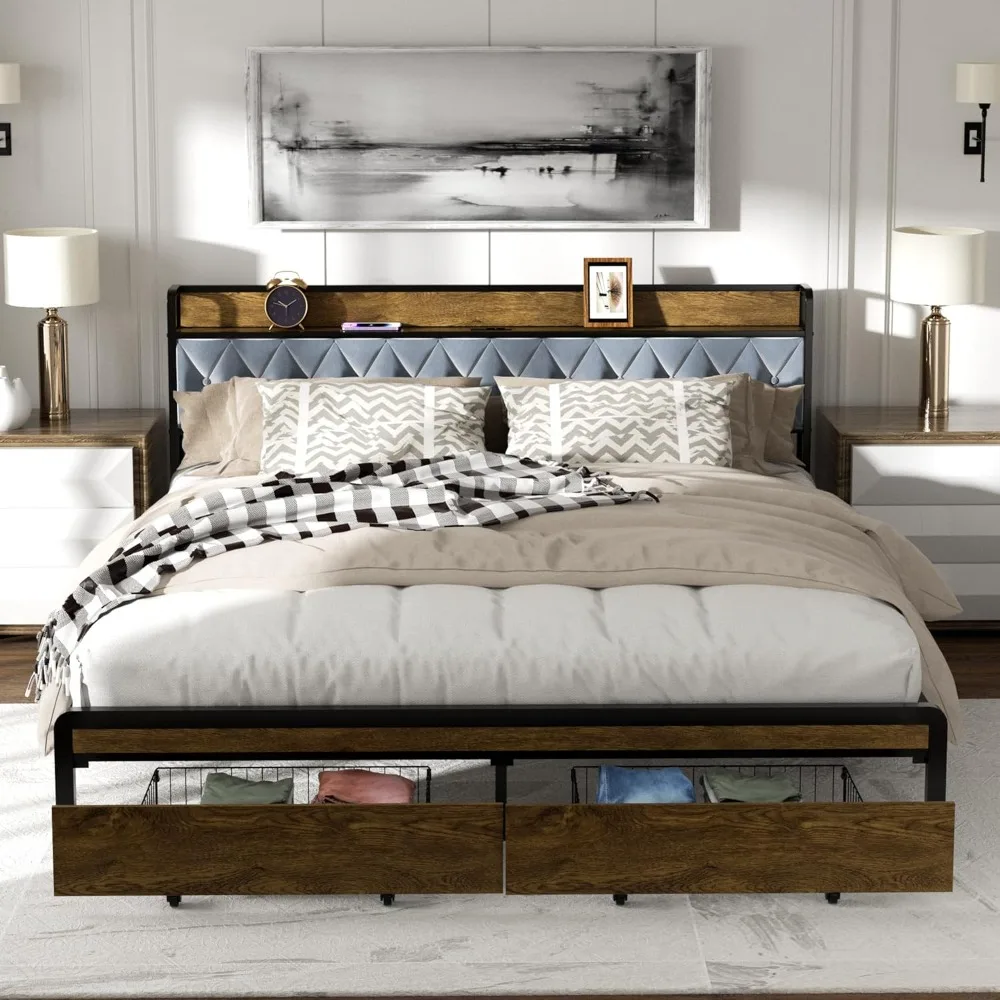 

Platform Bed Frame with 2 Storage Drawers & LED Light, Velvet Upholstered Shelf Headboard with Built-in Charging Ports