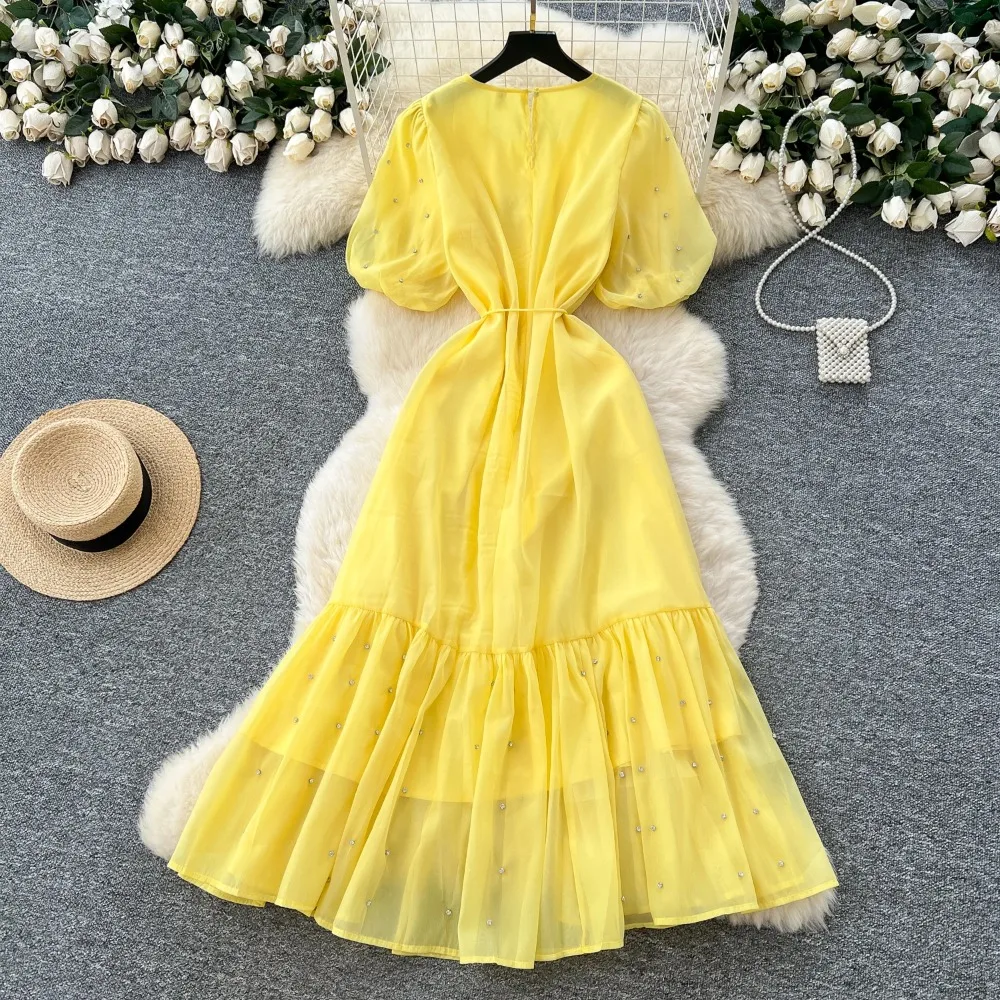 Chic vintage Sexy lantern sleeve rhinestone mesh Fairy Summer  Women Boho Sundress women clothing Long dress