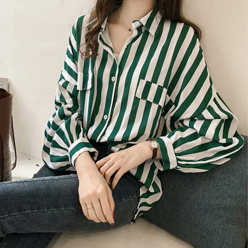 Turn Down Collar Vertical Striped Shirt And Blouses Long Sleeved Top French Office Lady Casual Women Clothing Fake Pocket Autumn